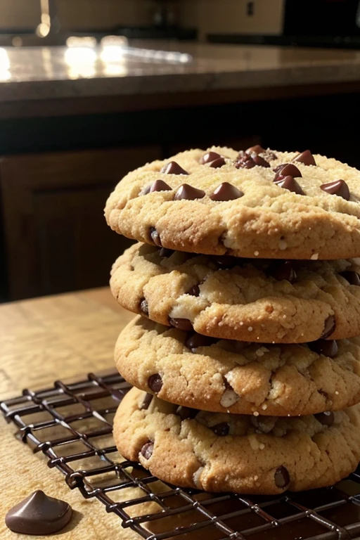 No centro da cena, a stack of fresh, freshly baked cookies rises temptingly. Each cookie is unique in its shape and texture, conveying the homely and artisanal feeling. O aroma quente e reconfortante paira no ar, convidando todos a se aproximarem.

Os cookies variam em sabores e ingredientes, some sprinkled with generous pieces of melted chocolate, enquanto outros exibem o contraste crocante de nozes picadas. Each bite promises an explosion of flavor and an unforgettable sensory experience..

Ao redor da pilha de cookies, elements that evoke the atmosphere of a welcoming kitchen are present: um pano de prato xadrez descansando sobre uma bancada de madeira desgastada, a jug of fresh milk waiting to accompany the fresh-from-the-oven delicacies and a rolling pin, silent witness to the creative process behind these culinary wonders.

Cada detalhe, from the golden cracks on the surface of the cookies to the sugar grains glistening in the light, is meticulously designed to awaken the irresistible desire to taste these little gastronomic treasures.