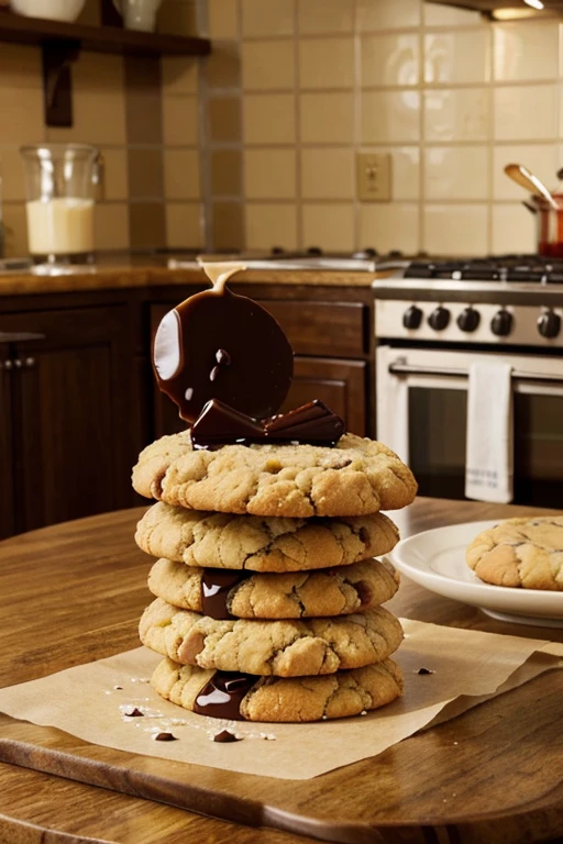 No centro da cena, a stack of fresh, freshly baked cookies rises temptingly. Each cookie is unique in its shape and texture, conveying the homely and artisanal feeling. O aroma quente e reconfortante paira no ar, convidando todos a se aproximarem.
Os cookies variam em sabores e ingredientes, some sprinkled with generous pieces of melted chocolate, enquanto outros exibem o contraste crocante de nozes picadas. Each bite promises an explosion of flavor and an unforgettable sensory experience..
Ao redor da pilha de cookies, elements that evoke the atmosphere of a welcoming kitchen are present: um pano de prato xadrez descansando sobre uma bancada de madeira desgastada, a jug of fresh milk waiting to accompany the fresh-from-the-oven delicacies and a rolling pin, silent witness to the creative process behind these culinary wonders.
Cada detalhe, from the golden cracks on the surface of the cookies to the sugar grains glistening in the light, is meticulously designed to awaken the irresistible desire to taste these little gastronomic treasures.