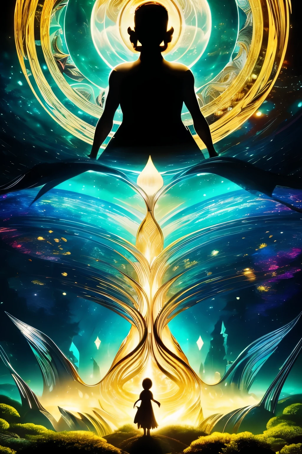 best quality, super fine, 16k, incredibly absurdres, extremely detailed, delicate and dynamic, multiple translucent, iridescent magic circles, protecting the children from various attacks, children represented by black shadows, special effects with prisms, mirrors, and lighting, swirling dark auras, and beyond the universe