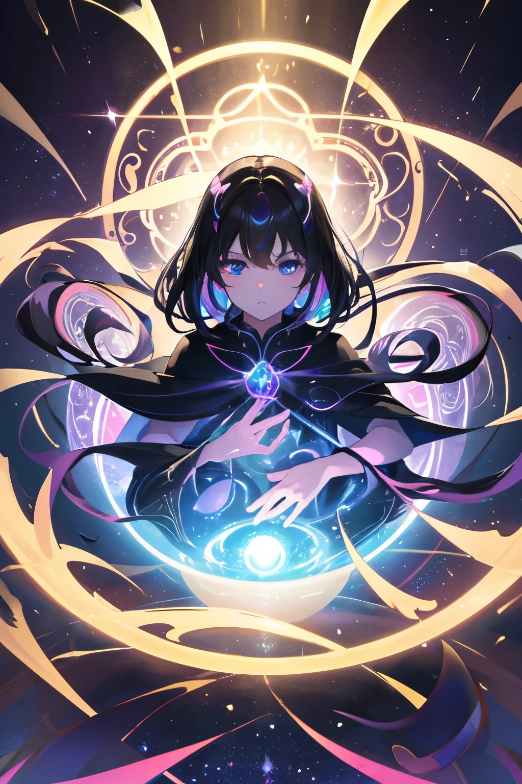best quality, super fine, 16k, incredibly absurdres, extremely detailed, delicate and dynamic, multiple translucent, iridescent magic circles, protecting the children from various attacks, children represented by black shadows, special effects with prisms, mirrors, and lighting, swirling dark auras, and beyond the universe