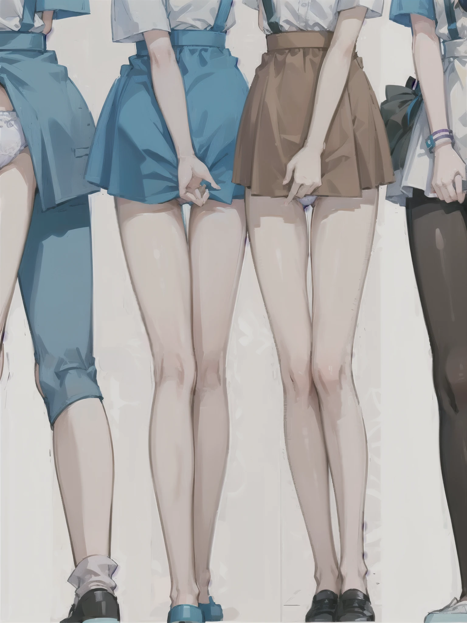from left to right girls line up in panties, colours from left to right blue red pink purple yellow green, close up of panties, cute panties, orange panties, brown panties, white panties