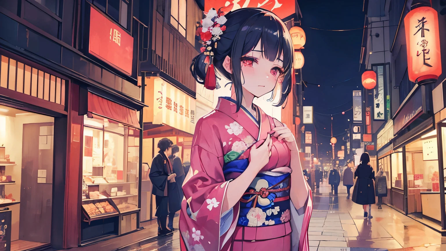 Beautiful woman in Japanese kimono who has been heartbroken(20-year-old,Beautiful Face,Crying with a beautiful face,),One Woman,Walking through the city at night crying,Sad night scenery,Walking figure、High resolution, Hyper HD, illumination