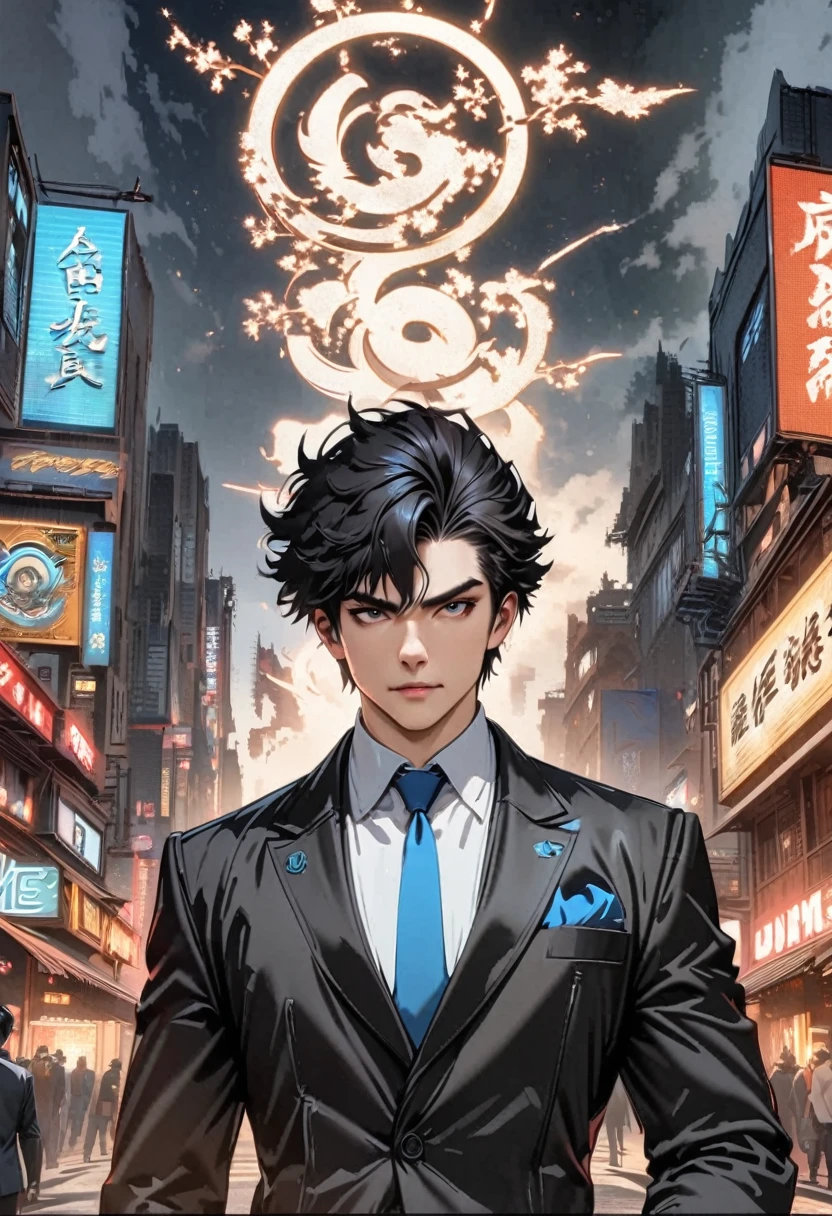 "Create an anime-style image with influences from Overwatch of a young man with short black hair. He is wearing a black suit with a blue tie, holding a pistol in his left hand, looking straight ahead. The image should be in anime style, 4K, UHD, super detailed, with applied focus, noir influence, Psycho Pass style, nighttime illumination, neon lights, and Japanese signage."