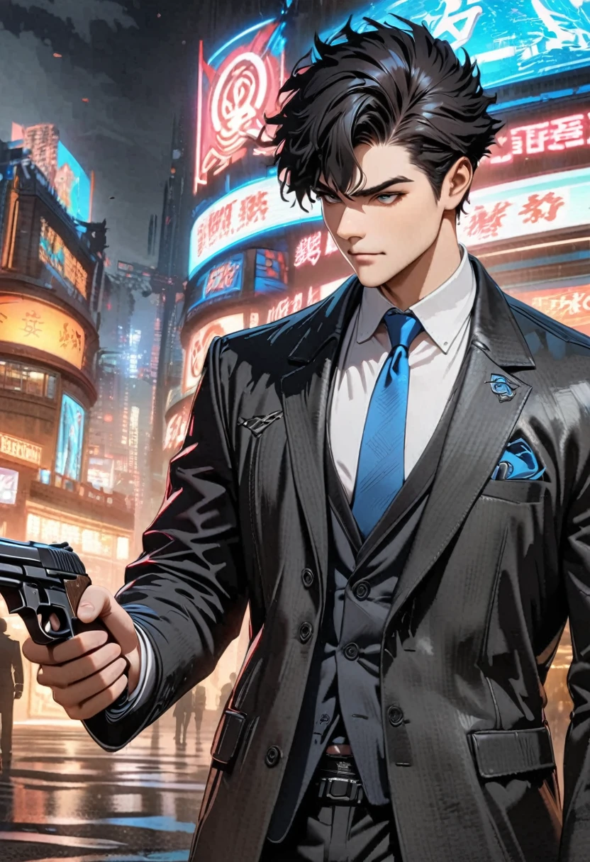 "Create an anime-style image with influences from Overwatch of a young man with short black hair. He is wearing a black suit with a blue tie, holding a pistol in his left hand, looking straight ahead. The image should be in anime style, 4K, UHD, super detailed, with applied focus, noir influence, Psycho Pass style, nighttime illumination, neon lights, and Japanese signage."