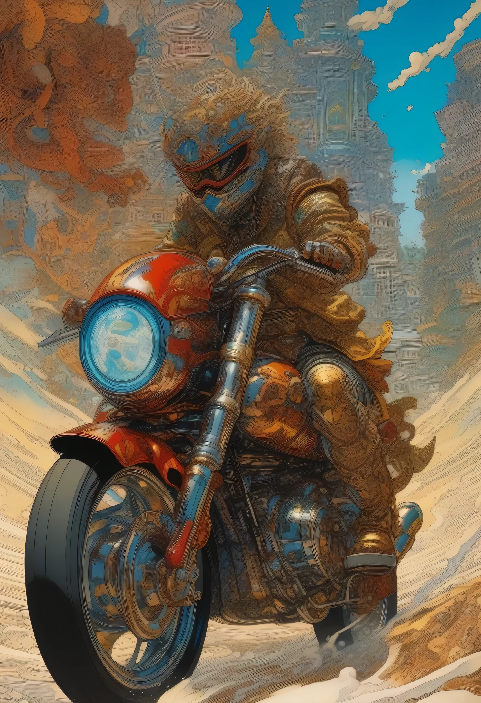 artwork:Katsuya Terada
8k, High resolution, A complex and intricate masterpiece, Kamen Rider on a bike、Esbian all over、A painting with a sense of speed, Surreal atmosphere, Award-winning works, Bright and rich colors, iridescent accents, Dramatic Shadows,Dynamic and atmospheric lighting, Anamorphic Lens, Sharp focus,
An intricate and detailed masterpiece by Katsuya Terada, Katsuya Terada Style