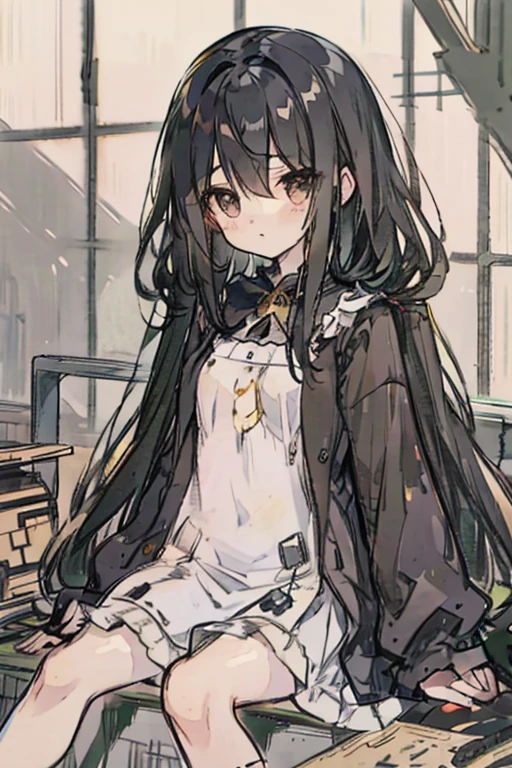 A black haired woman with brown eyes with an hourglass figure in a cute lolita dress is sitting in an abandoned hospital