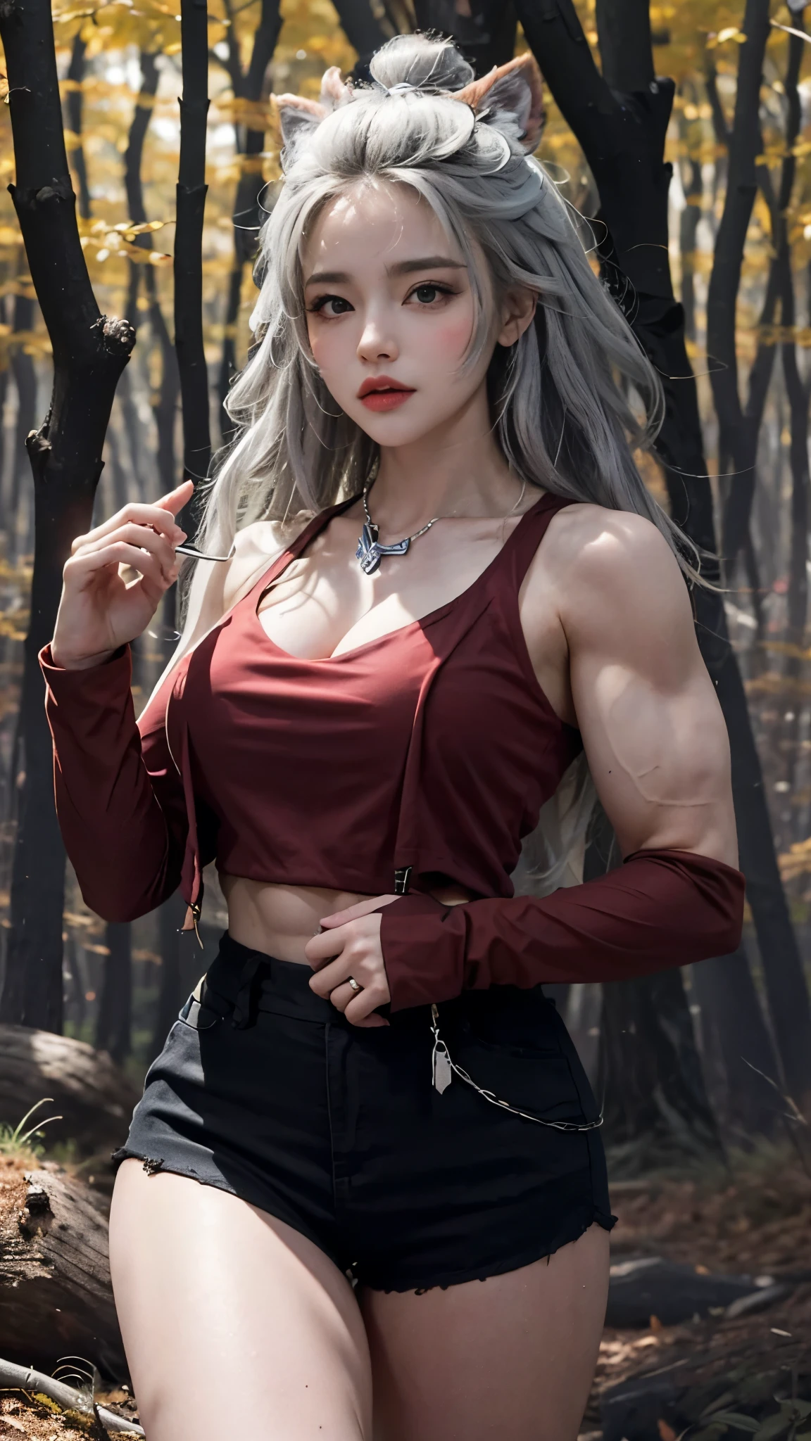 （Best image quality, 8k, ultra high definition:1.5）、 prisoner, half human half beast, she, the face is human, There is a lot of hair on the body, silver fur, (developed muscles : 1.3), thick thighs, strong body, in the forest