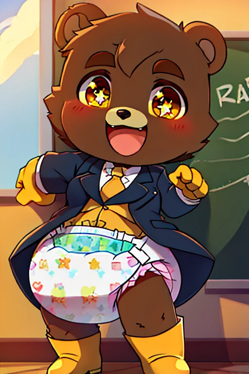 boy, bear, furry, bodyfur, blazer, diaper, yellow gloves, yellow boots, chibi, happy, sparkling eyes, school