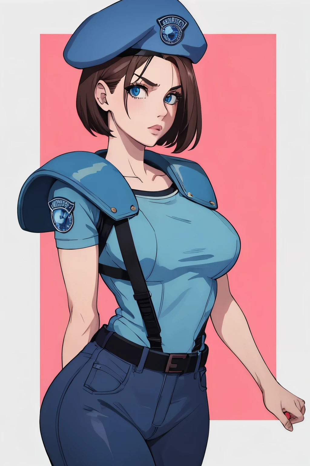 Jill Valentine, masterpiece, best quality, 1girl, solo, standing, jillre1, beret, uniform, shoulder pads, short sleeves, harness, belt, pants, unmoving pattern, peitos grandes, bunda grande, ela esta mostrando a lateral, pernas abertas, bunda grande, decote, peitos grandes, ela esta olhando para a lateral, 