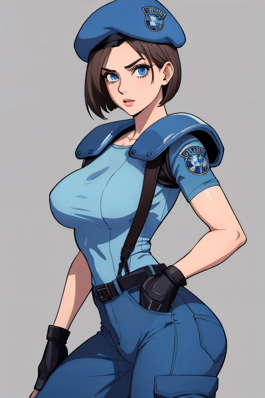 Jill Valentine, masterpiece, best quality, 1girl, solo, standing, jillre1, beret, uniform, shoulder pads, short sleeves, harness, belt, pants, unmoving pattern, peitos grandes, bunda grande, ela esta mostrando a lateral, pernas abertas, bunda grande, decote, peitos grandes, ela esta olhando para a lateral,
