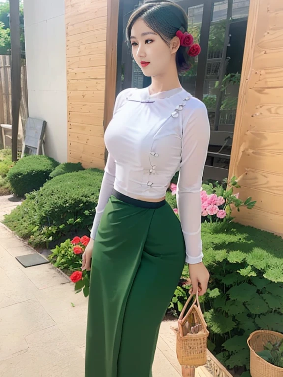 Burmese girl with attractive curvy full body. Friends full-length bikini, (green dress) reflective long dress painted with flower patterns, only dress. hi gh hips High resolution High resolution natural background High resolution HD 3D, 8K cartoon anime