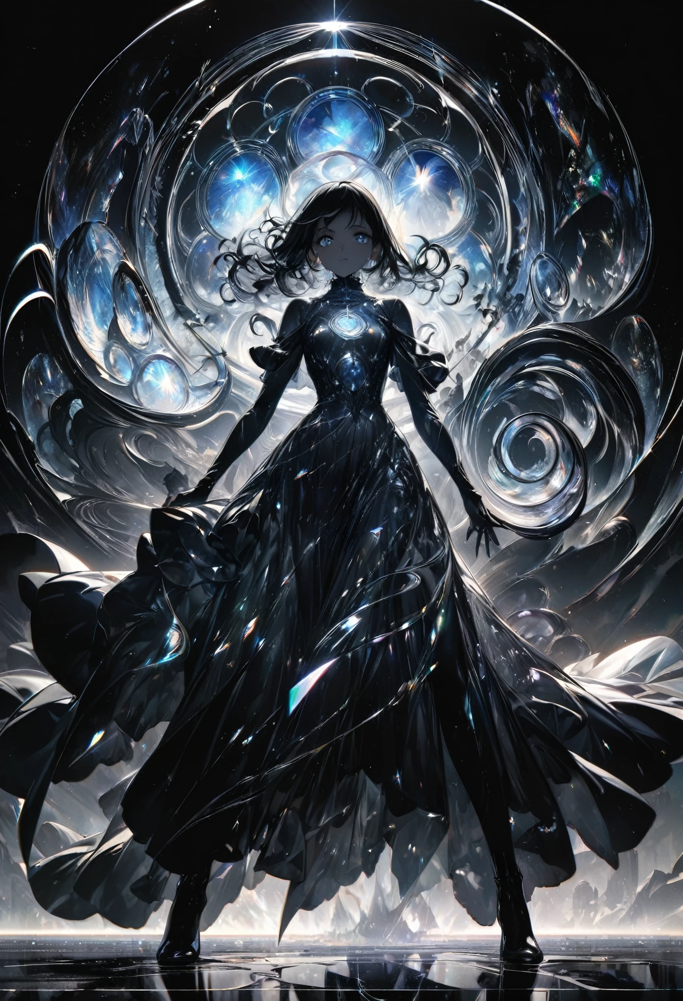 best quality, super fine, 16k, incredibly absurdres, extremely detailed, delicate and dynamic, multiple translucent, iridescent magic circles, protecting the monochrome children from various attacks, monochrome children represented by black shadows, special effects with prisms, mirrors, and lighting, swirling dark auras, and beyond the universe