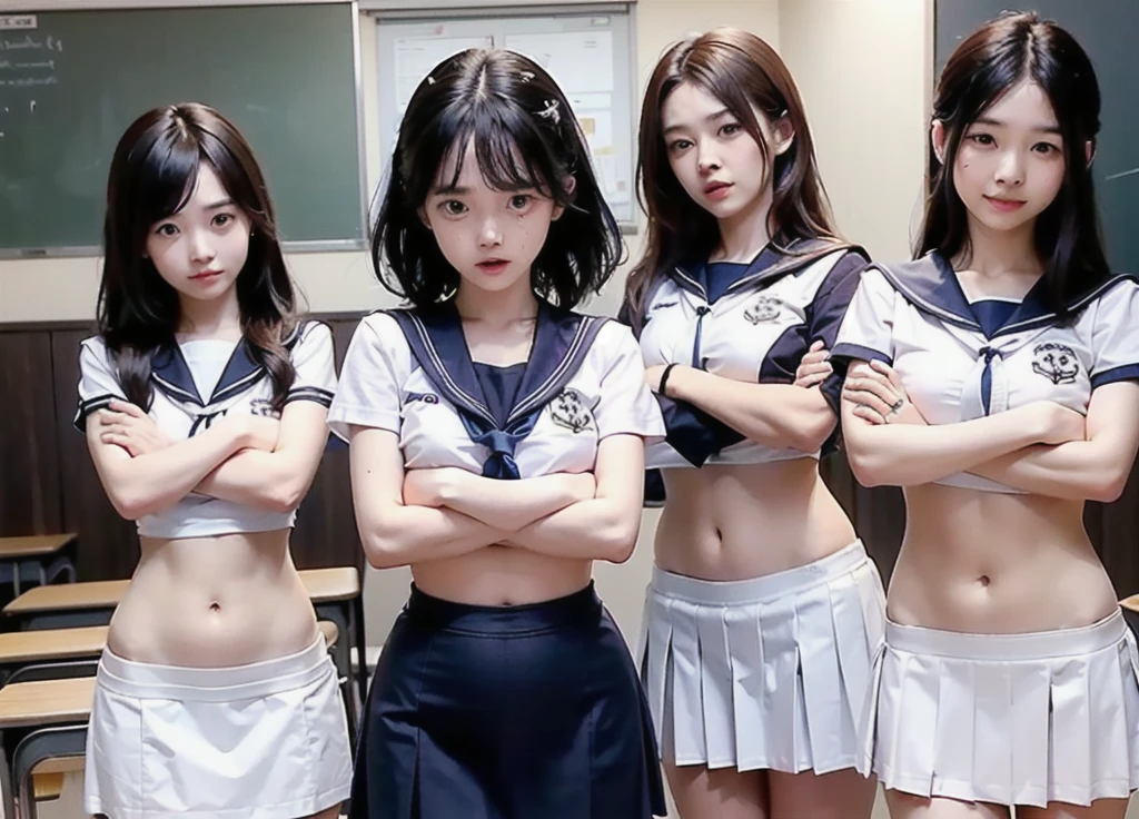 Group of Woman in front of classroom, ((white crop top sailor suit)), blue student skirts, open navel, open belly, (show abdomen area), ((((arms crossed over chest)))), crying, standing , (ready for punishment), (long shot)