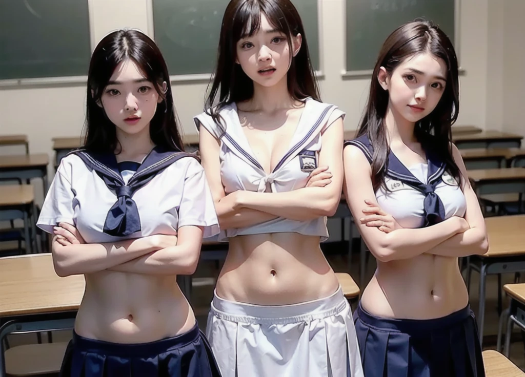 Group of Woman in front of classroom, ((white crop top sailor suit)), blue student skirts, open navel, open belly, (show abdomen area), ((((arms crossed over chest)))), crying, standing , (ready for punishment), (long shot)