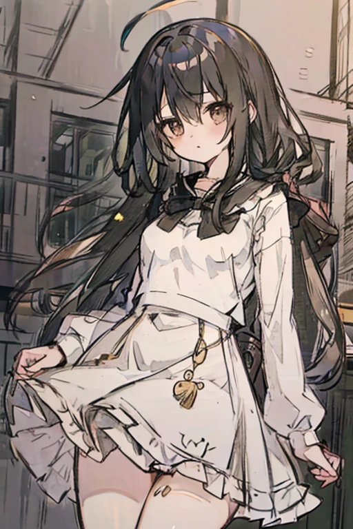 A black haired woman with brown eyes with an hourglass figure in a cute lolita dress is running through an abandoned hospital