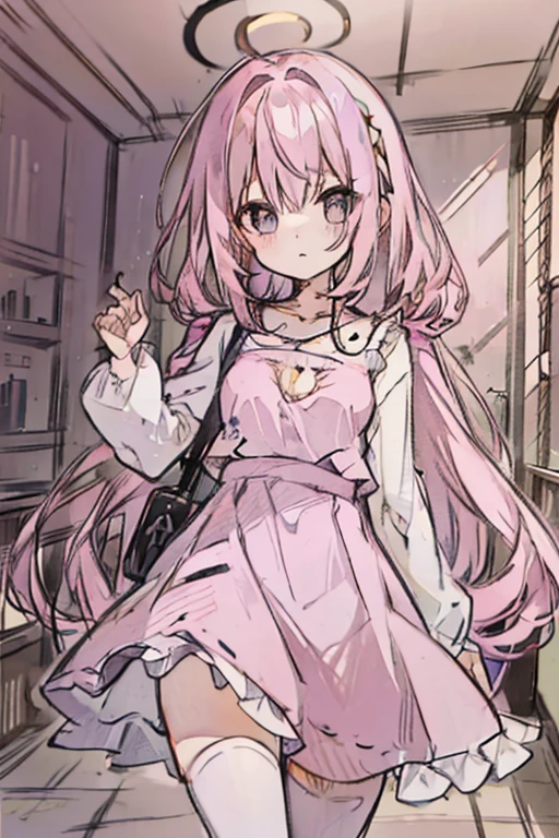 A pink haired woman with violet eyes with an hourglass figure in a cute lolita dress is running through an abandoned hospital
