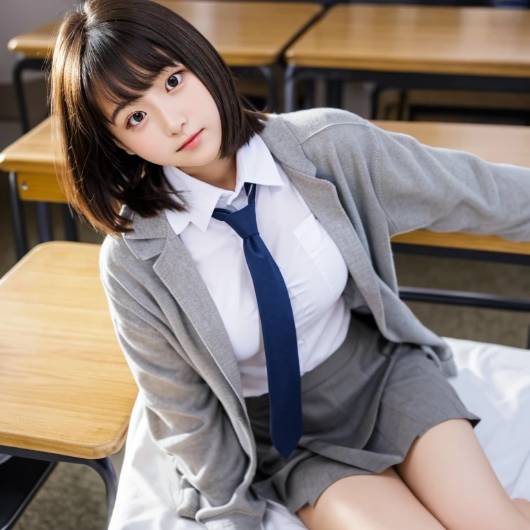 日本の女子high school student。17 years old。White Shirt、tie、Grey cardigan、Wearing a gray miniskirt。Wearing loafers。髪型はBob。My hair only goes above my neck。The bangs are thick and do not cover the eyes, but reach down to the eyebrows.。barefoot、Plump thighs。Her breasts are so big they stretch her shirt。Looking up。I'm staring at you。Sitting on desk in school classroom。skirt is lifted。The wind is blowing。The skirt is very short。I can see your pants。Big Breasts。Breasts are larger than the face。Hair is not tied up。The clothes are not open.。The chest cannot be seen directly。The chest is not open。White Shirtを着ている。There is a shadow between her thighs and her skirt.。Her hair is short。Staring at me。絶対にtieをを着けている。Upper Body、highest quality、Real Photo、Japanese、high school student、girl、cute、Big Breasts、uniform、Grey cardigan、tie、blazer、Short Hair、Fix your bangs with a spray、Heavy bangs、cohesive bangs、Bob、short hair、round face、Big eyes、Looking up、High angle