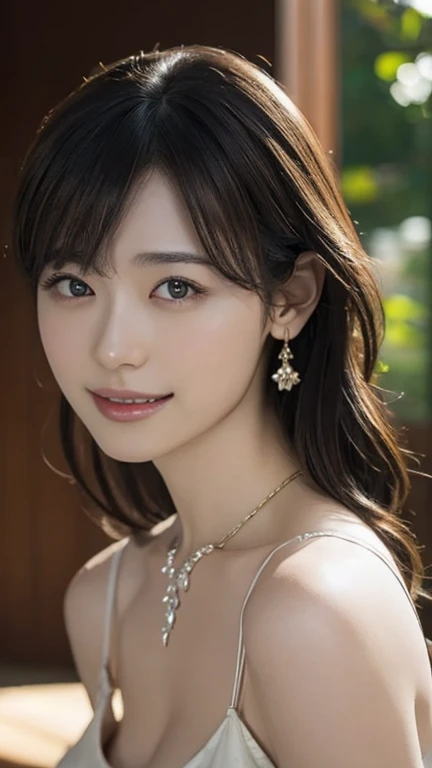 最high quality, masterpiece, High resolution, One Girl,whole body、smile、camisole,Cleavage,hair ornaments,necklace, jewelry,Beautiful Face,in addition_body, Tyndall effect,Realistic, Dark studio, Rim Light, Two-tone lighting,(Skin with attention to detail:1.2), 8K Ultra HD, Digital SLR, Soft lighting, high quality, Volumetric lighting, Frank, photograph, High resolution, 4K, 8k, Bokeh,