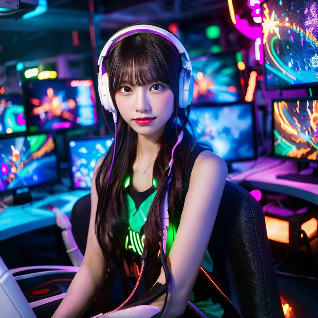 A stunning gamer girl is engrossed in an intense gaming session on her high-end gaming PC. She’s wearing comfortable yet stylish gaming headphones and is surrounded by multiple monitors displaying vibrant game graphics. The room is dimly lit by colorful LED lights, enhancing the immersive gaming atmosphere sexy cute.”