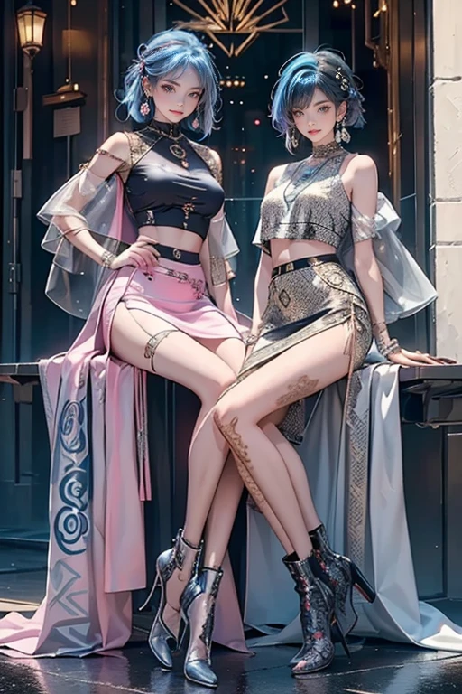 highest quality, Very detailed, masterpiece, Two women posing,(((Perfect female body))),Very beautiful face, Very beautiful body,Gentle expression, Very beautiful eyes,(Perfect Makeup:1.1),Fashion Model,pop punk fashion, Mullet Cut,Shaggy Hair,pink and blue hair:1.3, very thin body,Smart Abs,((Monogram pattern:1.3)),Various gradations,Fishnet blouse,Long pencil skirt,LED Light,Two-tone high top boots,A kind smile,Full body portrait,(Cyber City:1.3), (Shiny skin),(Earrings),Elegant scarves,See-through long shawl,Liquid Metal,gas mask,