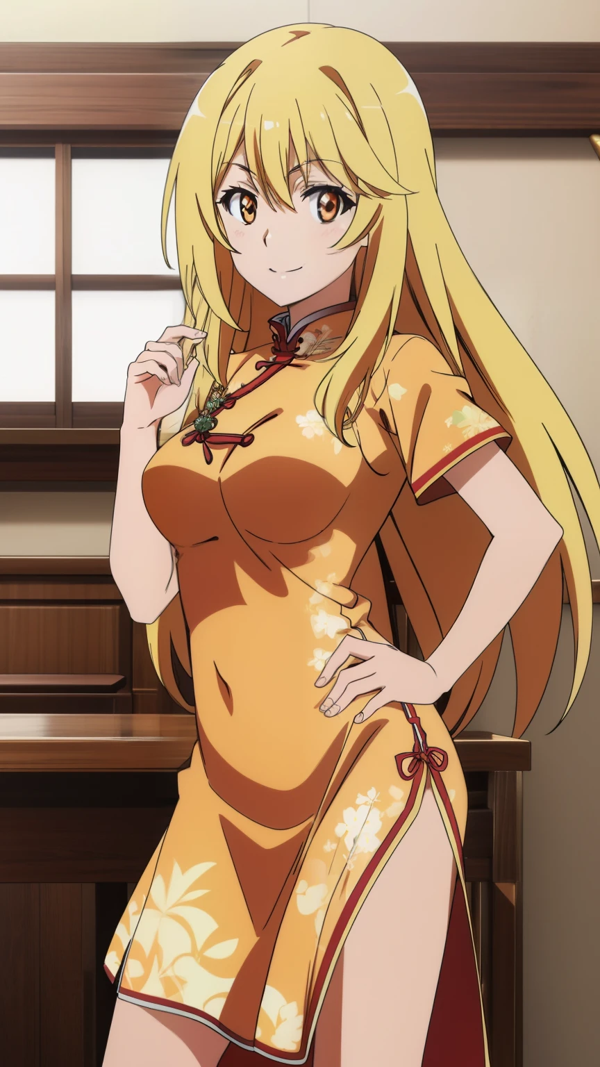 (highest quality, High resolution, 8k, masterpiece: 1.2), Very detailed, Anime art style, Misaki Shokuhou, orange eyes,Beautiful character design, Perfect eyes, Perfect face, Expressive eyes, Perfect balance, smile, blonde, Long Hair, Large midchest, (red China dress, China dress), looking at the camera, Dynamic pose, Dynamic Angle, The gaze camera focuses on the center of the image,