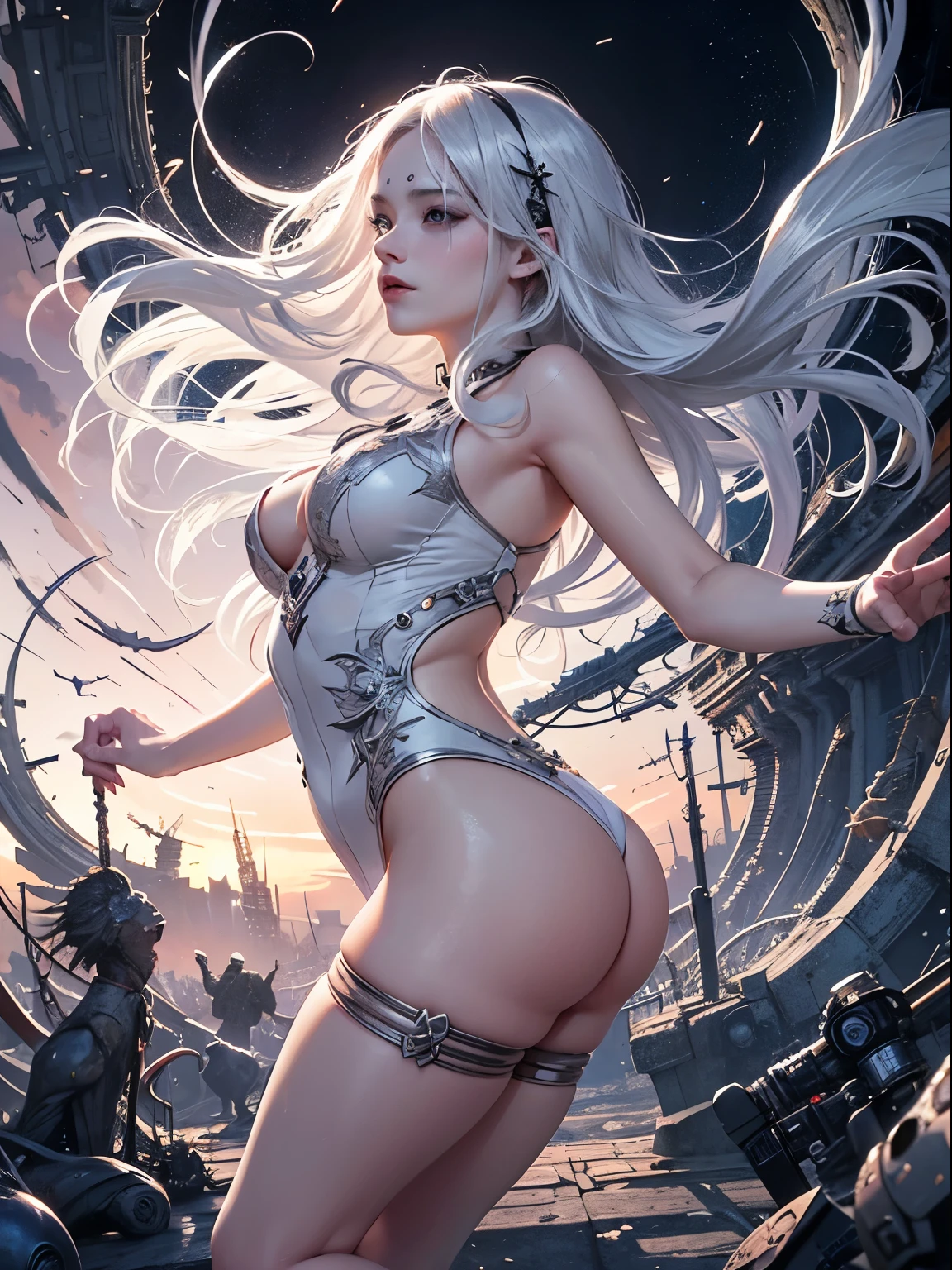 official art, unity 8k wallpaper, ultra detailed, beautiful and aesthetic, masterpiece, best quality, (zentangle, mandala, tangle, entangle), (fractal art:1.3) , 1girl, extremely detailed, dynamic angle, cowboyshot, the most beautiful form of chaos, elegant, a brutalist designed, vivid colours, romanticism, by james jean, roby dwi antono, ross tran, francis bacon, michal mraz, adrian ghenie, petra cortright, gerhard richter, takato yamamoto, ashley wood, atmospheric, ecstasy of musical notes, streaming musical notes visible white hair, white eyes, no mouth, longs ears, medieval clothes, goddes beauty, halo like figure of the back of her head full of opened black and white eyes