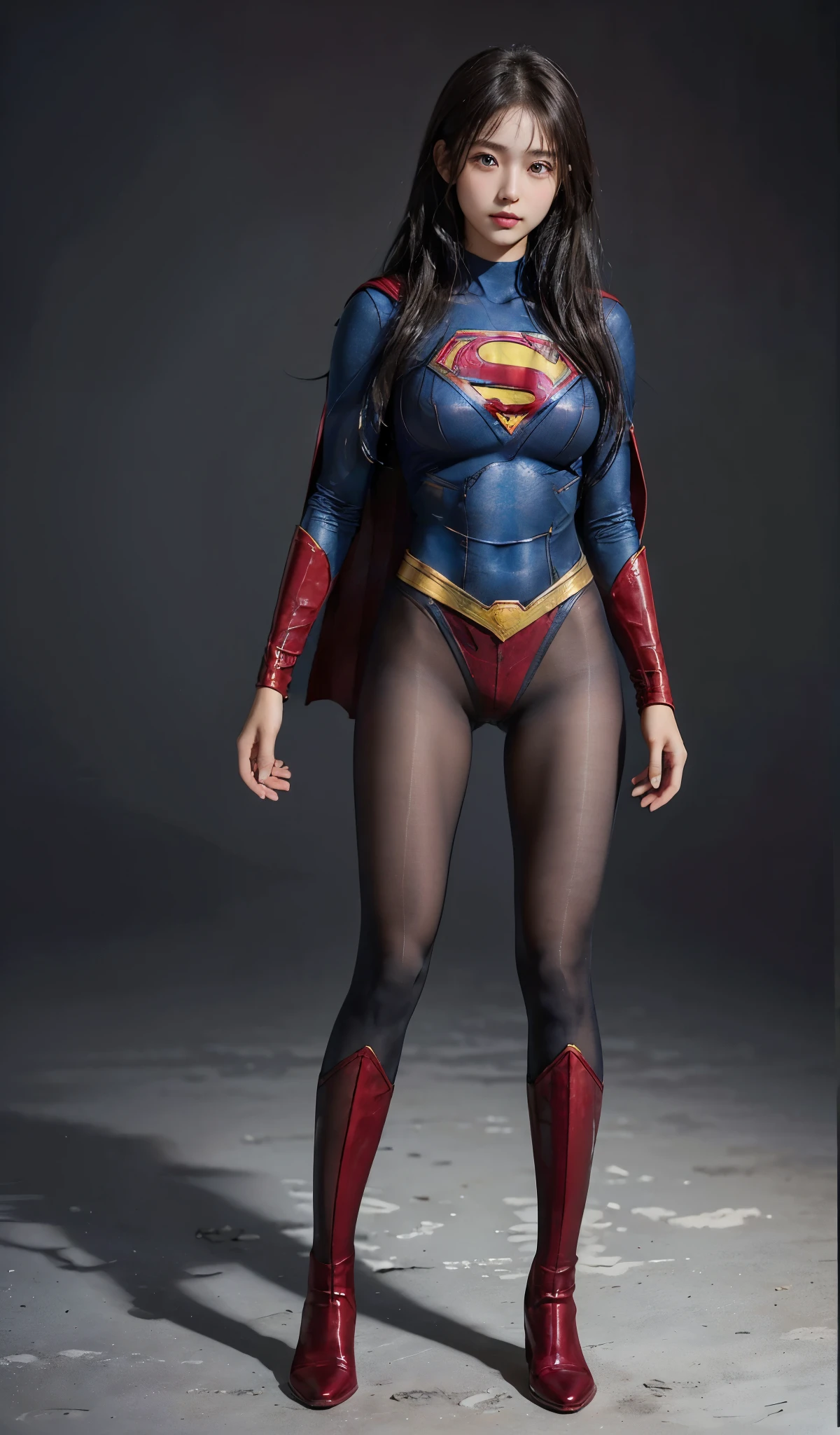No background、(((Beautiful legs in black tights.)))、(((Legally express the beauty of your smile)))、((((Make the most of your original images)))、(((Supergirl Costume)))、(((Beautiful Hair)))、(((suffering)))、(((Please wear black tights....、Wear red boots)))、((Best image quality、8k))、((highest quality、8k、masterpiece:1.3))、(((Preserve background )))、Sharp focus:1.2、Beautiful woman with perfect figure:1.4、Slim Abs:1.2、Wet body:1.5、Highly detailed face and skin texture、8k