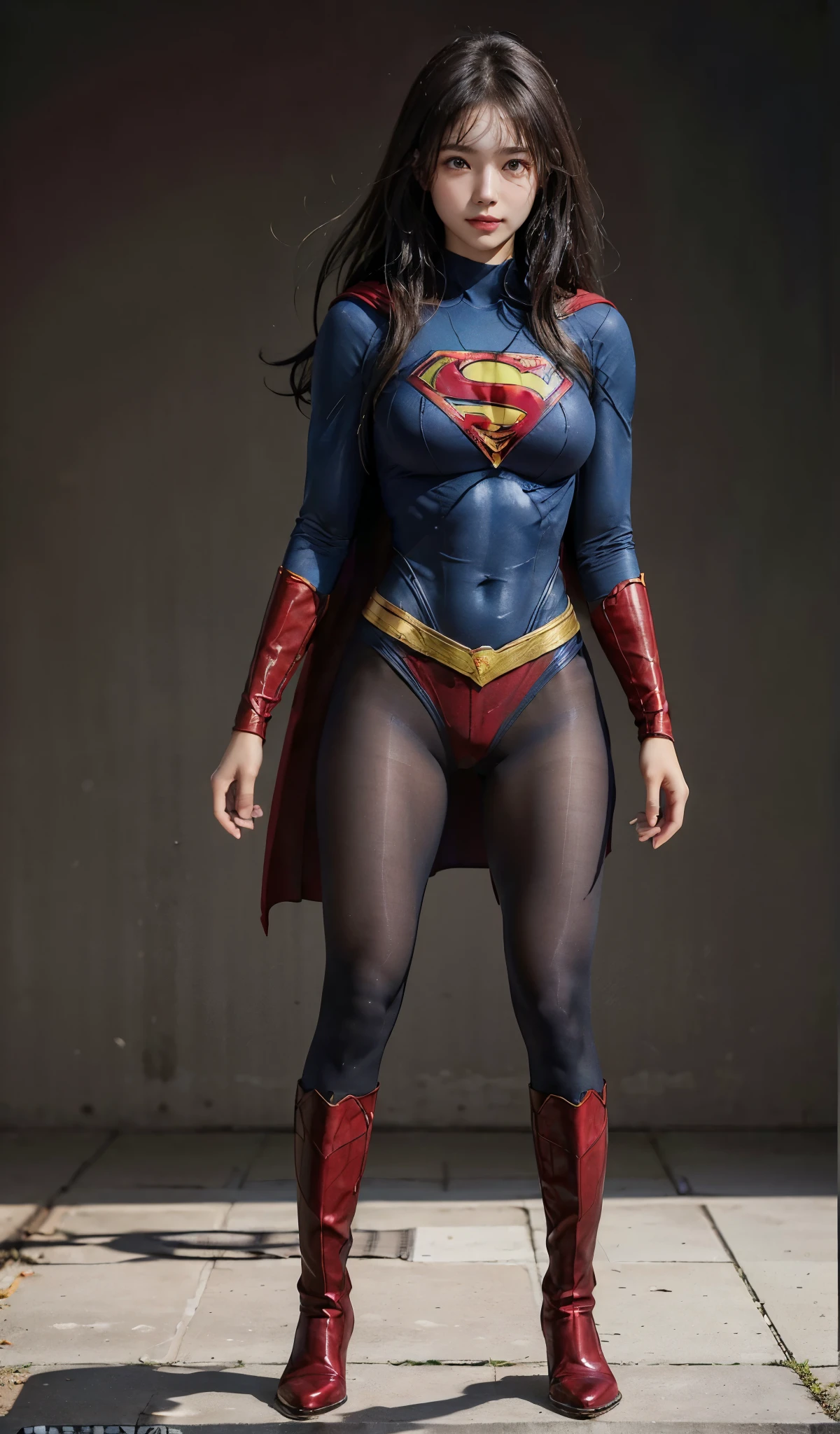 No background、(((Beautiful legs in black tights.)))、(((Legally express the beauty of your smile)))、((((Make the most of your original images)))、(((Supergirl Costume)))、(((Beautiful Hair)))、(((suffering)))、(((Please wear black tights....、Wear red boots)))、((Best image quality、8k))、((highest quality、8k、masterpiece:1.3))、(((Preserve background )))、Sharp focus:1.2、Beautiful woman with perfect figure:1.4、Slim Abs:1.2、Wet body:1.5、Highly detailed face and skin texture、8k