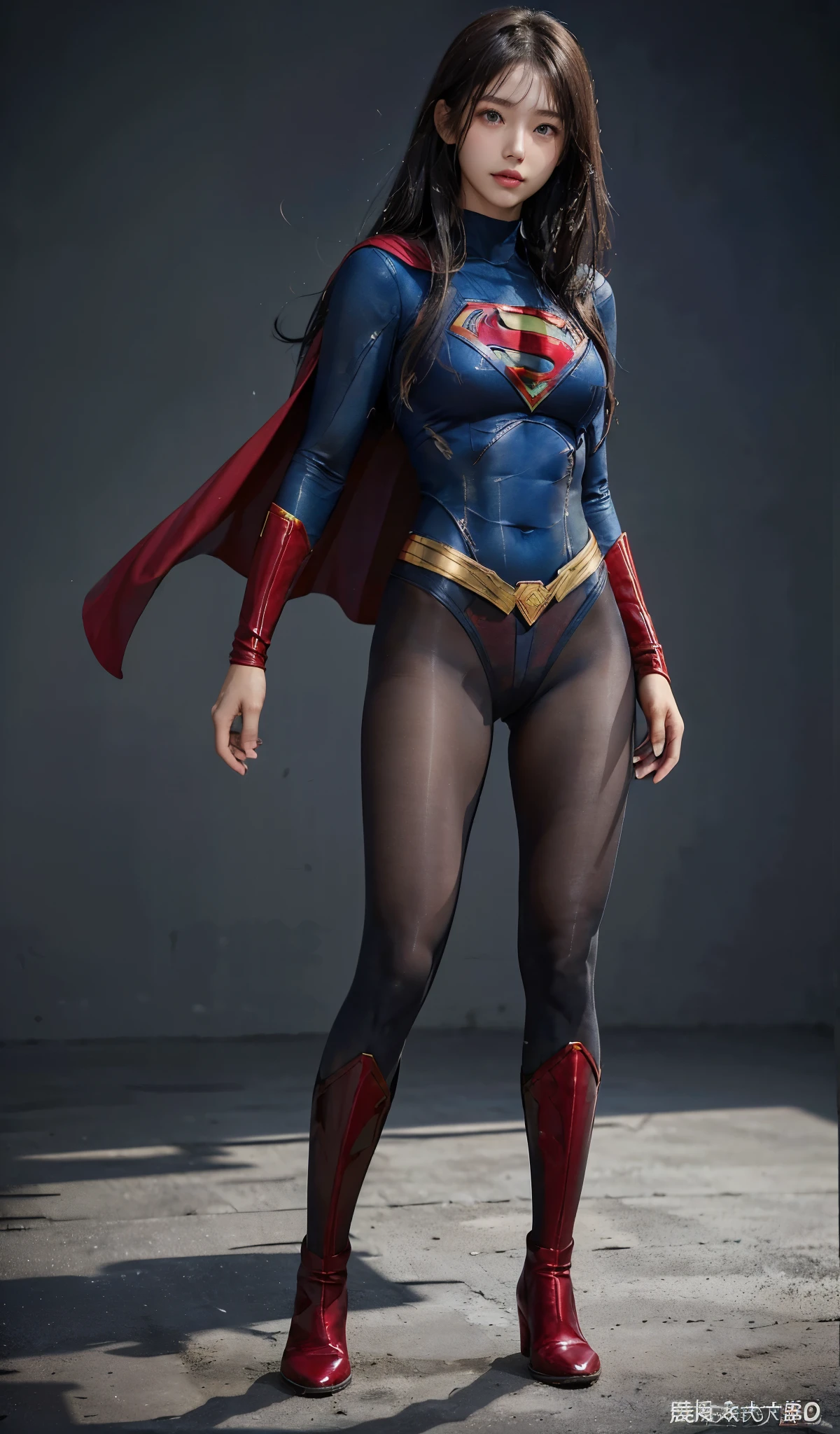 No background、(((Beautiful legs in black tights.)))、(((Legally express the beauty of your smile)))、((((Make the most of your original images)))、(((Supergirl Costume)))、(((Beautiful Hair)))、(((suffering)))、(((Please wear black tights....、Wear red boots)))、((Best image quality、8k))、((highest quality、8k、masterpiece:1.3))、(((Preserve background )))、Sharp focus:1.2、Beautiful woman with perfect figure:1.4、Slim Abs:1.2、Wet body:1.5、Highly detailed face and skin texture、8k