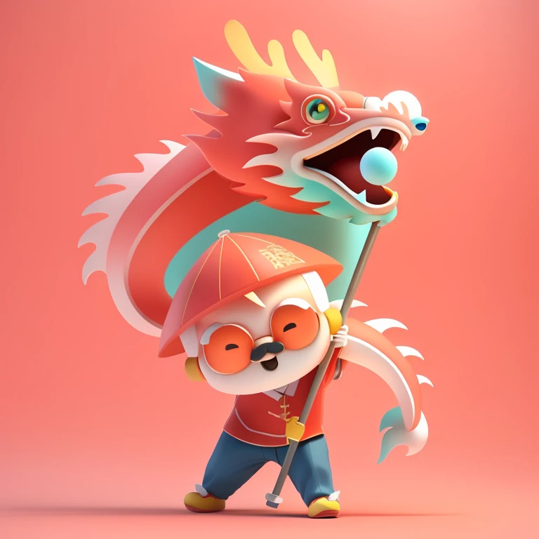 Cartoon grandpa dancing dragon,3d rendering,3D Illustration