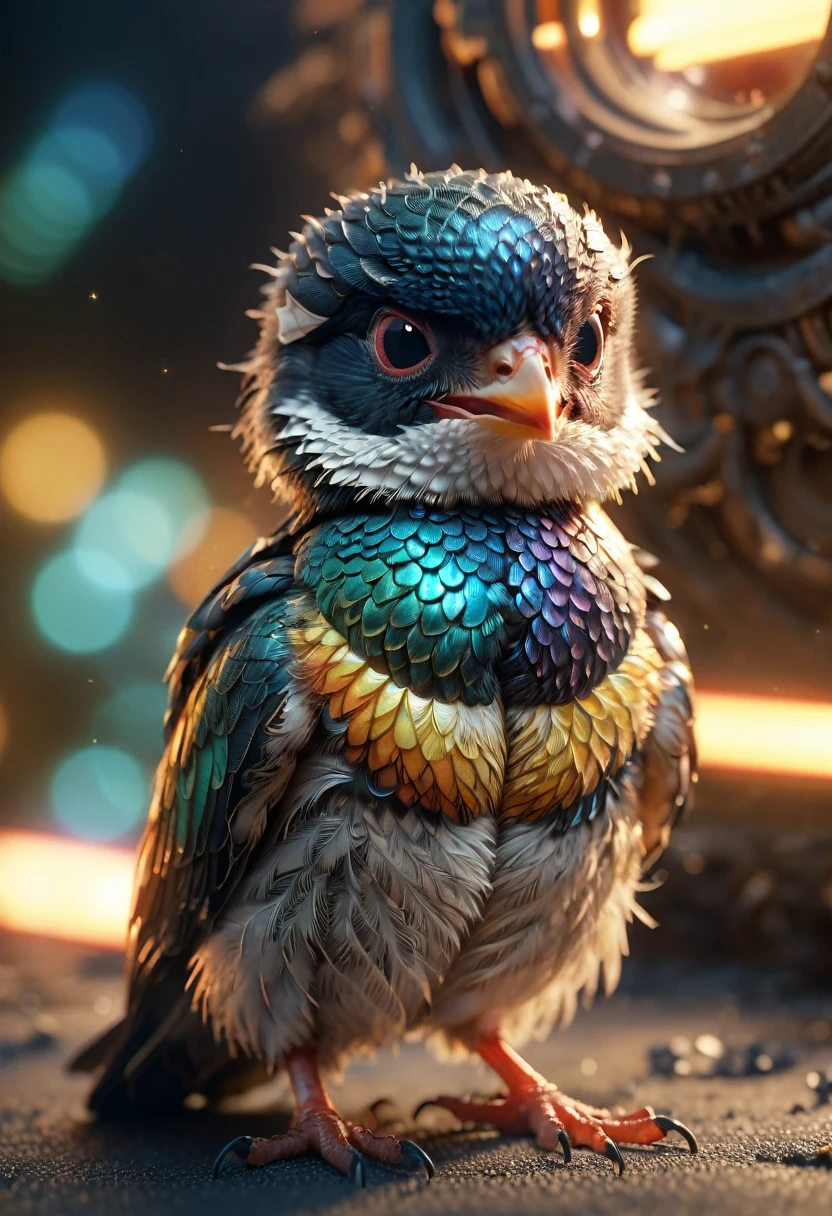 film photography style, best quality,ultra-detailed,HDR,animal photography, Cute little baby bird. Professional photography, national Geographic: macro photography hyperrealism trending on Artstation Michaelangelo volumetric lighting maximalist Alex Grey, victo ngai, Jean Baptiste mongue photoillustration 8k resolution concept art intricately detailed, sci-fi, realistic, light grain