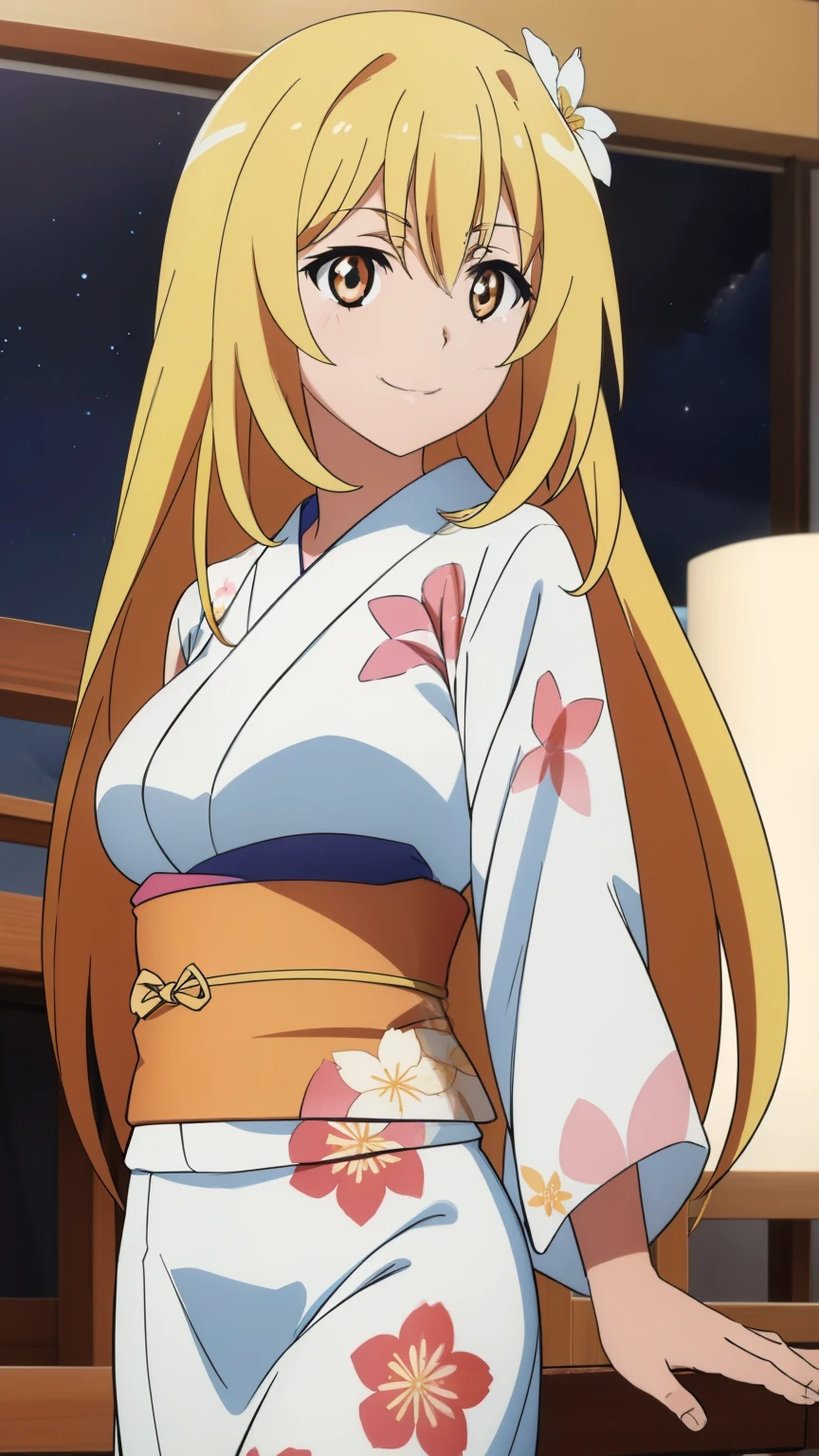 (highest quality, High resolution, 8k, masterpiece: 1.2), Very detailed, Anime art style, Misaki Shokuhou, Beautiful character design, Perfect eyes, Perfect face, Expressive eyes, Perfect balance, smile, blonde, Long Hair, Large midchest, (Floral Yukata, Flower Hair Ornaments,night, Summer festival), looking at the camera, Dynamic pose, Dynamic Angle, The gaze camera focuses on the center of the image,