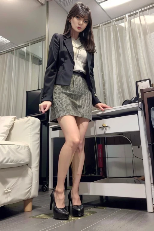 (masterpiece,best quality:1.2),(realistic,photo-realistic:1.4),RAW photo, highres, intricate details, exmetely detailed,cinematic lighting,solo,(a Japanese woman),(front view, view from below:1.3),(standing with legs apart, knees apart, thighs:1.8), (detailed face:1.5),detailed eyes,dark hair,pale skin, fine textured skin,(clothes),(business jacket,skirt,bare legs:1.4),stiletto heels,,,(peeing self,urine puddle,desperate pose for peeing,desperate face), photo background, indoors, in office room,,