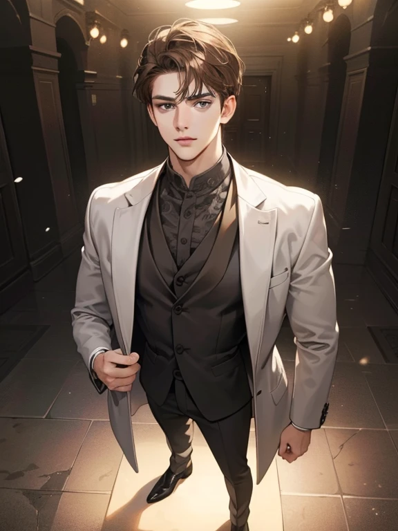 masterpiece, best quality, realistic, 1man, mature male, quiet and charming young man, 25 year old, serious look, closed mouth, portrait, extremely detailed face, cold smile, ((dark grey eyes)), ((short-right-swept dark brown hair)), [thick eyebrows], ((suit)), handsome, full body, western, Jewish, light brown skin,