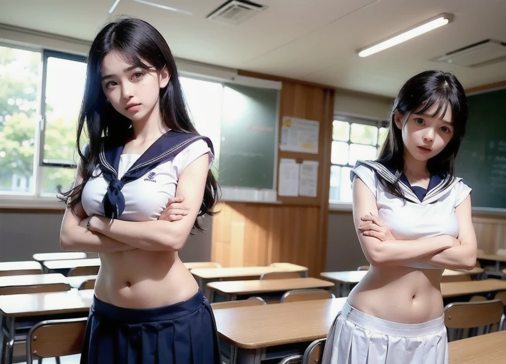 Group of Woman in front of classroom, ((white crop top sailor suit)), blue student skirts, open navel, open belly, (show abdomen area), ((((arms crossed over chest)))), crying, standing , (ready for punishment), (long shot)