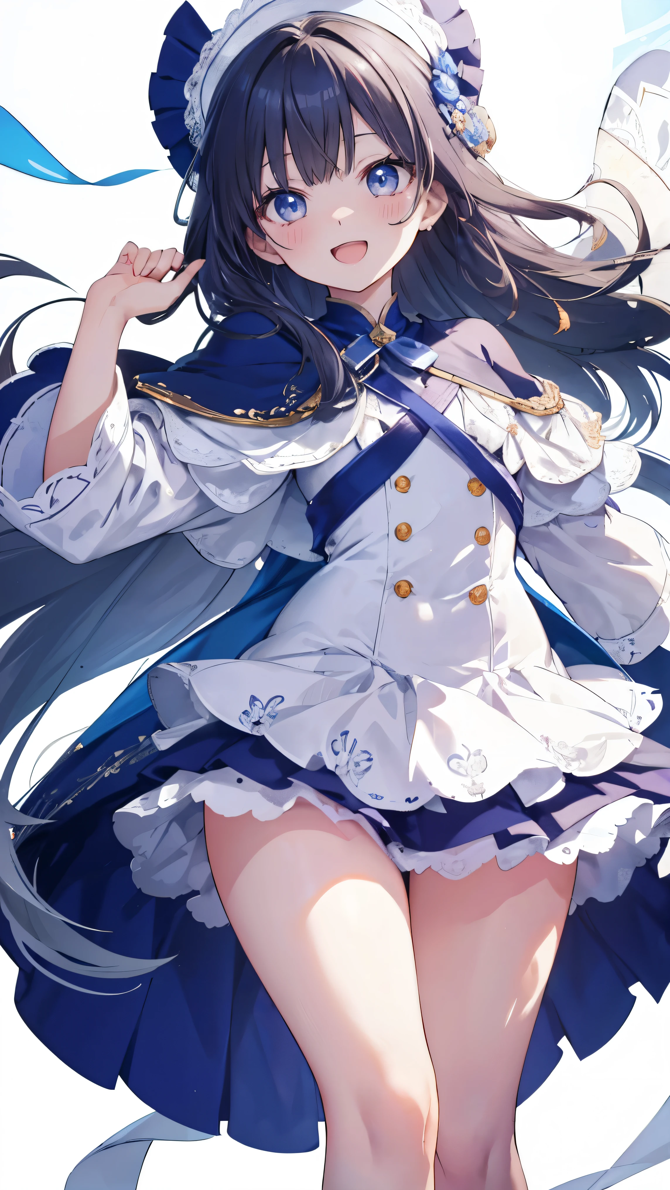 Masterpiece、Highest quality、highest quality、(Open Mouth Smile)、Shiny hair quality、Small face、Dynamic pose、Super detailed, beautiful, wide eyes、Ultra-detailed, clear and beautiful faces、(cute illustration:1.2), High-resolution, ultra-detailed, best quality, embarrassed、Thighs, Awards, Anatomically correct
