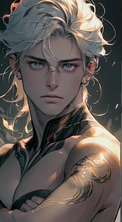 (((8K, RAW photos, Best quality, tmasterpiece: 1.4))), Ultra-high resolution, ultra - detailed, lamplight, Close-up cleavage, Handsome men, gold eyes, (Detailed eyes, The eyes are bright:1.2), Medium long red hair, pale-skinned, ear piercings, Dark, Blackn clothes, Meticulous clothes, gold accessories on clothes, (perfect anatomia:1.2), Highqualityshadow, natural  lightting, (White highlights:1.2), natta, overcast day, (arm tattoos:1.2), (starrysky:1.2)，Masterpiece, high quality, best quality, HD, realistic, perfect lighting, detailed body, 1 man, dark White hair , face expression, black military suit, in the cave,
