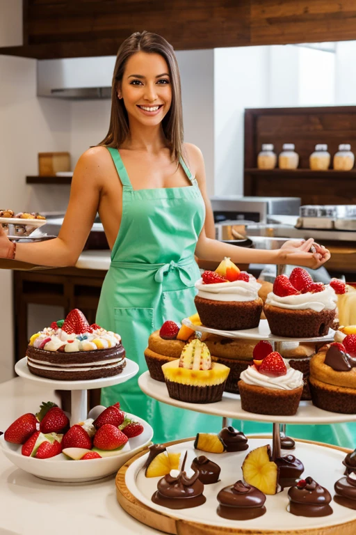 en la bulliciosa cocina de una pnaderia suiza, Chef de Partie with warm smile, invita a sus estudiantes a aprender panaderia. Delicious chocolate-covered cakes and strawberry and pineapple desserts adorn the image.