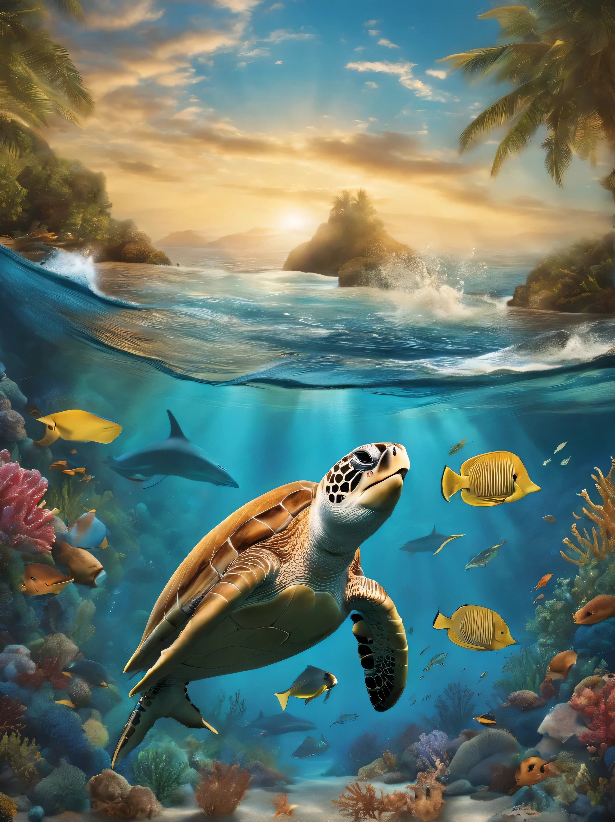 An eye-catching book cover design for "Ocean Odyssey" features a stunning underwater scene. The ocean serves as the main backdrop, with its depths teeming with various marine creatures, from vibrant coral reefs to sharks and schools of fish. Sunlight pierces through the water's surface, casting a warm, golden glow that illuminates the depths below. The title of the book, "Ocean Odyssey," is artfully integrated into the design, with the letters enveloped in the ocean's waves and framed by a sea turtle and a dolphin, creating a sense of movement and adventure. The overall aesthetic is artistic and cinematic, inviting readers to embark on their own underwater journey., cinematic
