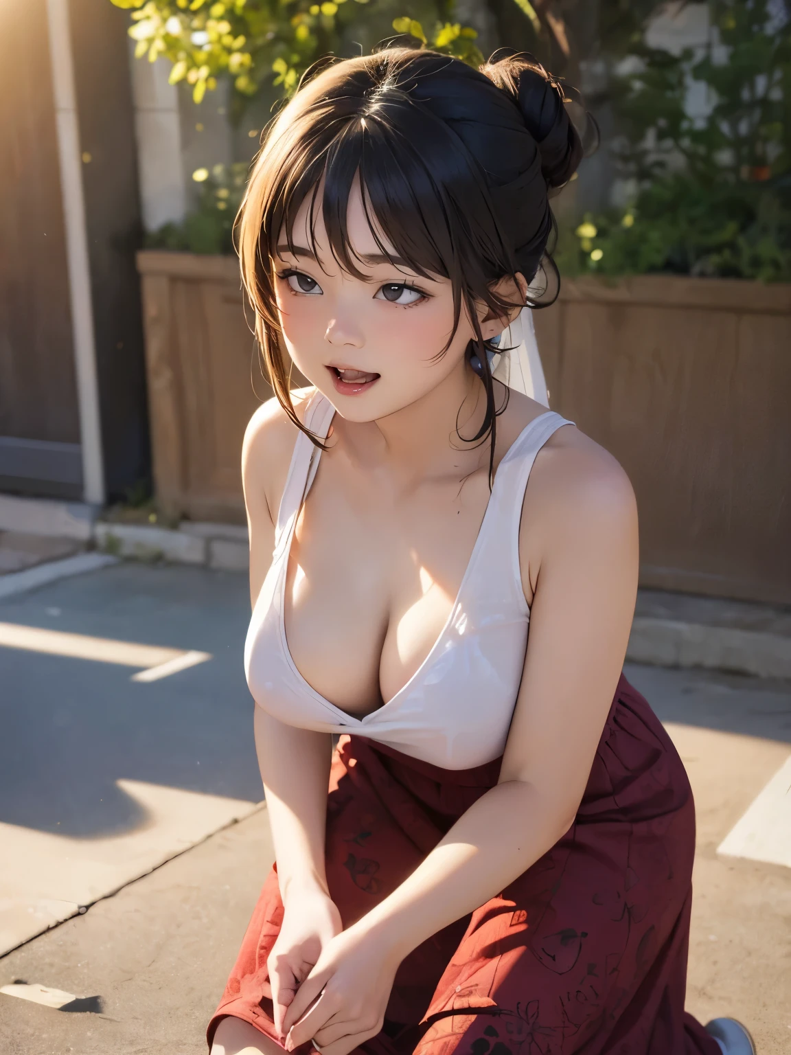 high-definition image, (((round face))), eyes realistic sizing, realistic skin, drooping eyes, smiling, (ecstasy face when she doing self pleasure by holding breasts from over clothes), ((various patterned feminine casual long dress)), (strong sunlight, old fashion), skyscrapers, hair up, tiny earrings,