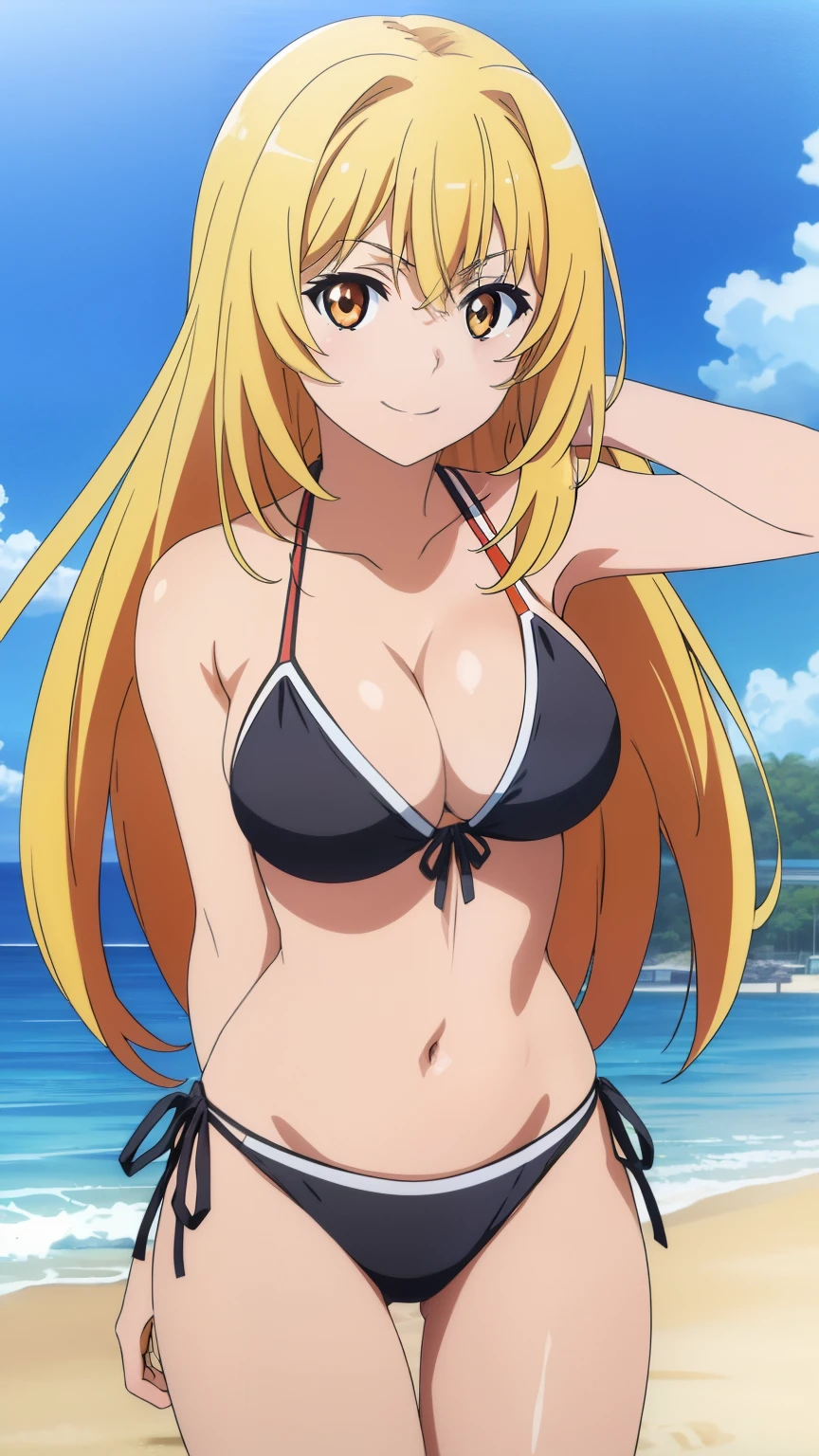 (highest quality, High resolution, 8k, masterpiece: 1.2), Very detailed, Anime art style, Misaki Shokuhou, orange eyes,Beautiful character design, Perfect eyes, Perfect face, Expressive eyes, Perfect balance, smile, blonde, Long Hair, Large midchest, (black Swimwear, Swimwear, Off the shoulder_Swimwear,Beach), looking at the camera, Dynamic pose, Dynamic Angle, The gaze camera focuses on the center of the image,