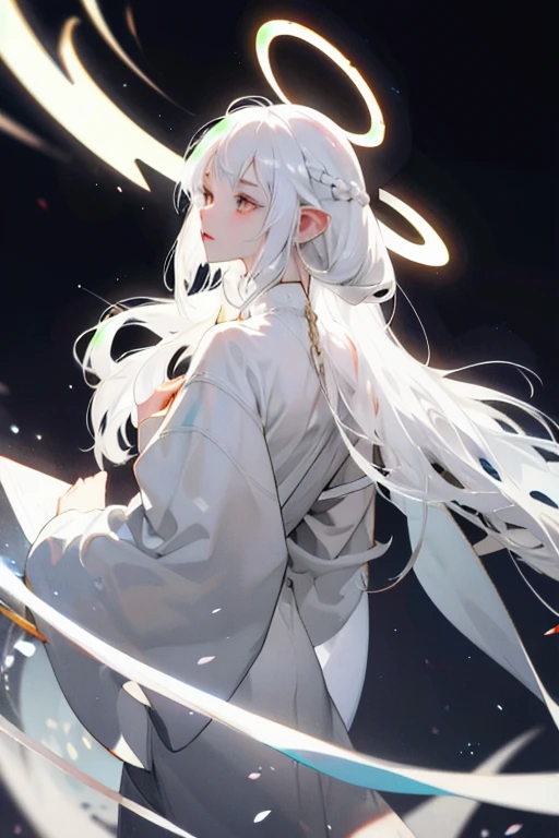 white hair, white eyes, no mouth, longs ears, medieval clothes, goddes beauty, halo like figure of the back of her head full of opened black and white eyes