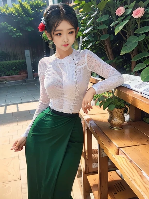 Burmese girl with attractive curvy full body. Friends full-length bikini, (green dress) reflective long dress painted with flower patterns, only dress. hi gh hips High resolution High resolution natural background High resolution HD 3D, 8K cartoon anime