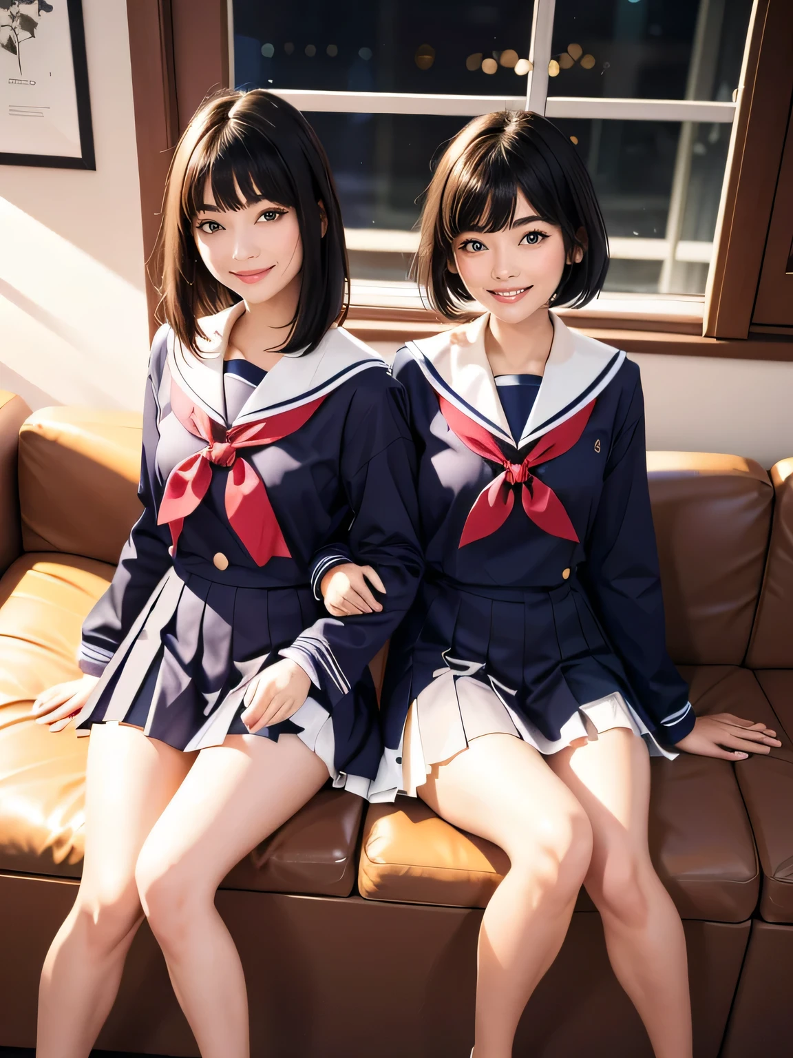 (top-quality、in 8K、32K、masterpiece、超A high resolution、Impresionismo、Photorealsitic:1.2)、Full body, Inside the classroom、Schools、Evening glow、beauitful face、blurry backround、16-year-old beautiful girl、shinny skin、bob cuts、Beautiful black hair、(Katyusha:1.2)、a sailor suit、Pleated miniskirt、Curve、dynamicposes、Smile with open mouth、Two girls, lying on sofa