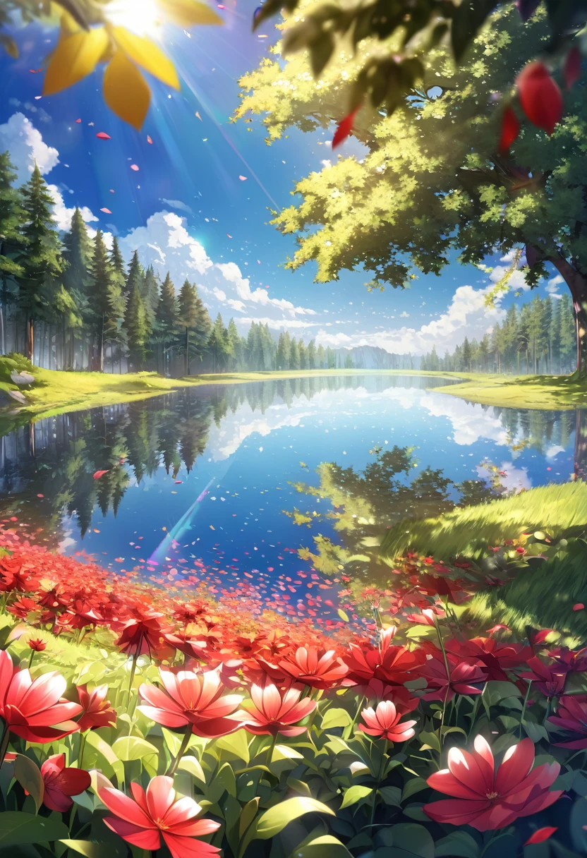 no_humans, nature, flower, scenery, outdoors, leaf, tree, forest, water, reflection, plant, day, red_flower, petals, lens_flare, flower, bokeh, scenery, sky, falling_leaves