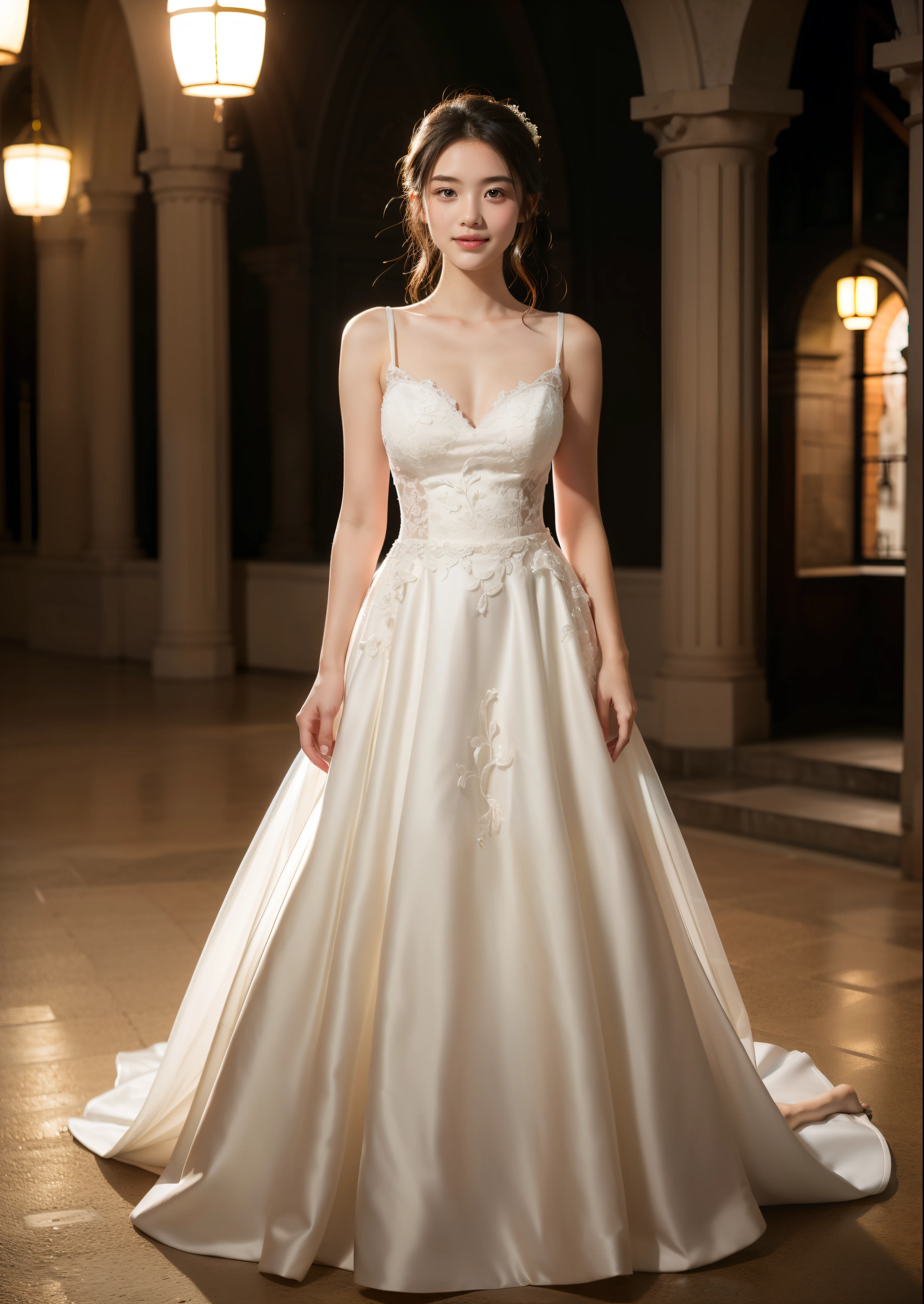Beautiful 17 year old woman。She is wearing a wedding dress. She is smiling on illuminated by the evening church lights . romantic sunset. her dark brown hair. High resolution、masterpiece、highest quality、頭w:1.0、((Hasselblad Photos))、fine skin、(movie lighting)、clavicle . full body picture.