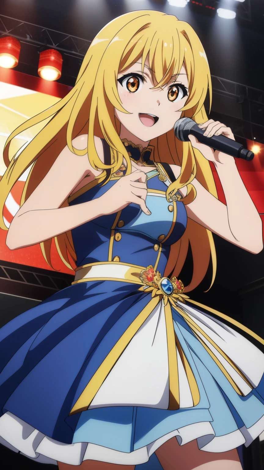 (highest quality, High resolution, 8k, masterpiece: 1.2), Very detailed, Anime art style, Misaki Shokuhou, orange eyes,Beautiful character design, Perfect eyes, Perfect face, Expressive eyes, Perfect balance, smile, blonde, Long Hair, Large midchest, (Idol Costumes, blue idol dress, Idol Stage, microphone, sing, Open your mouth), looking at the camera, Dynamic pose, Dynamic Angle, The gaze camera focuses on the center of the image,