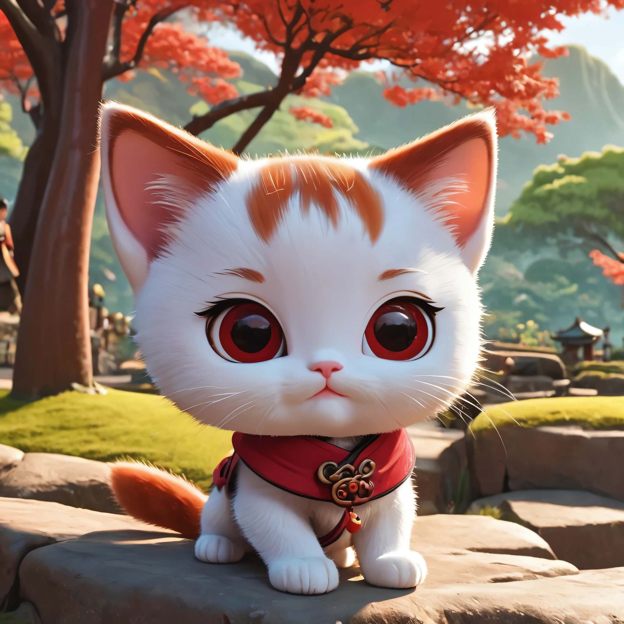 ((cartoon《Red Cliff》style)), Looks cute in the park、Kitten has cute eyes, Dynamic Angle, Depth of Field