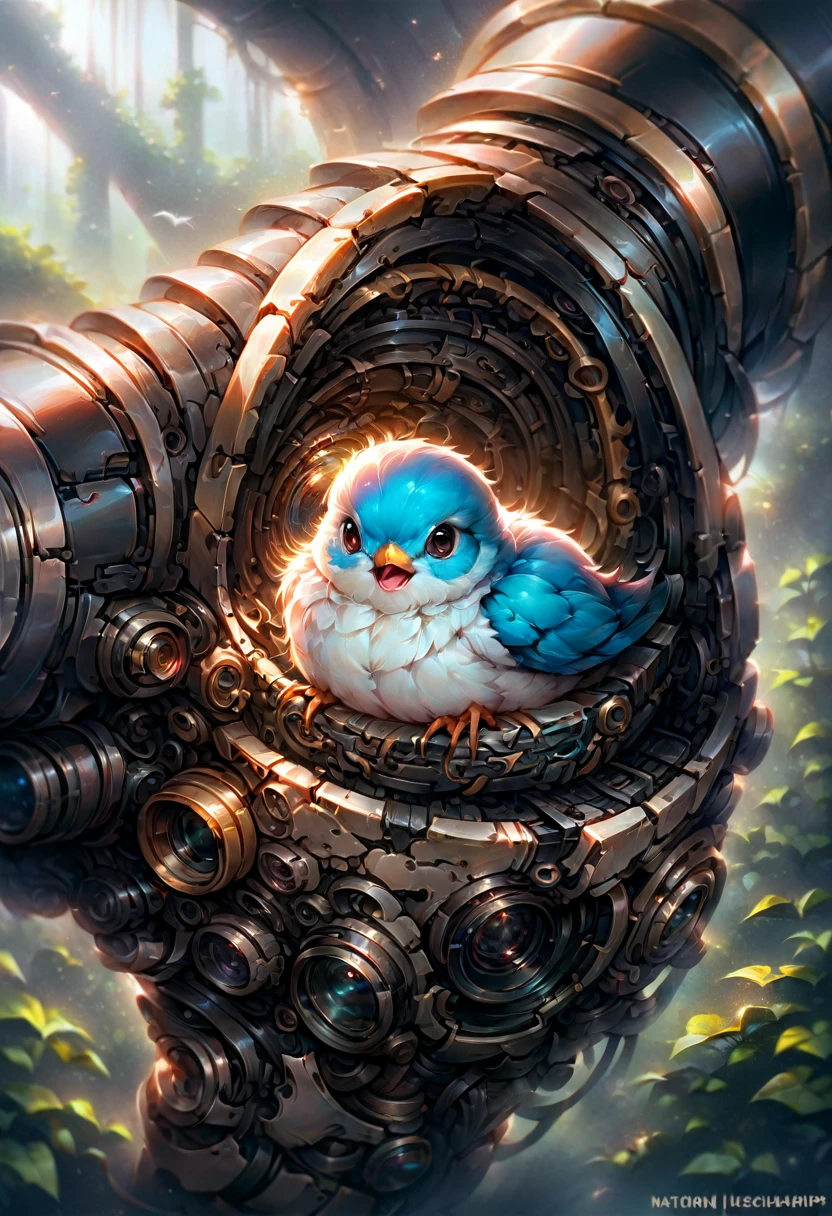 film photography style, best quality,ultra-detailed,HDR,animal photography, Cute little baby bird. Professional photography, national Geographic: macro photography hyperrealism trending on Artstation Michaelangelo volumetric lighting maximalist Alex Grey, victo ngai, Jean Baptiste mongue photoillustration 8k resolution concept art intricately detailed, realistic, light grain