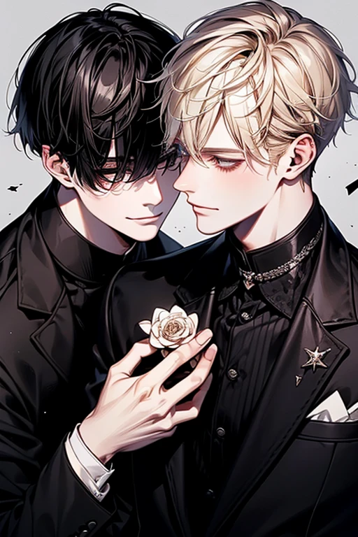(Flying debris), (highest quality), Very detailed, ((Two men)), Perfect Face, Beautiful Face, Very detailed顔，(Black Haired Man:1.3)，(Blond man:1.3)，suit，shirt，smile，flower、Monochrome、Line art